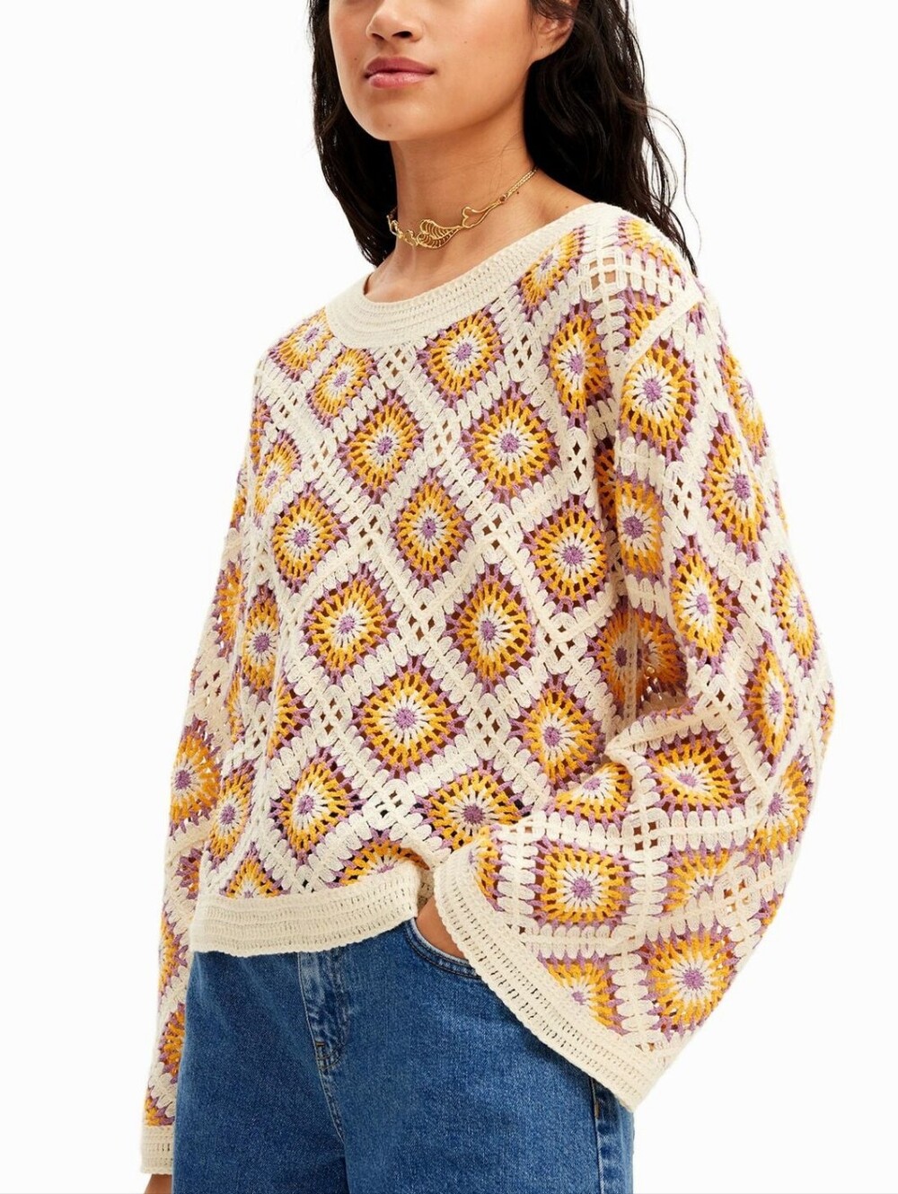 Desigual Crochet Granny Square Sweater Pullover Large Boho - Picture 2 of 9